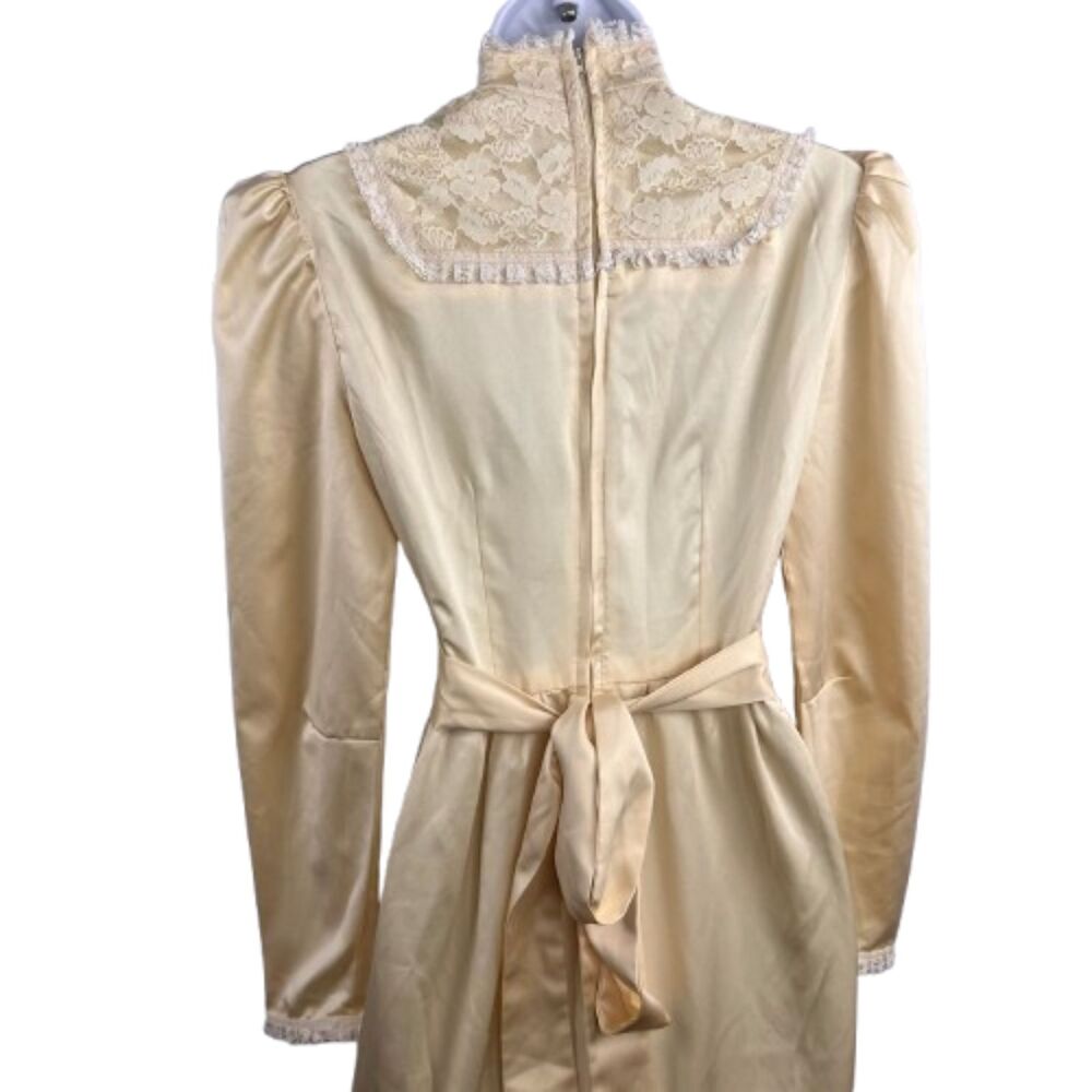 Vintage Cream Satin Lace Prairie Maxi Dress High Neck Long Sleeve Victorian -S/M - Picture 4 of 5